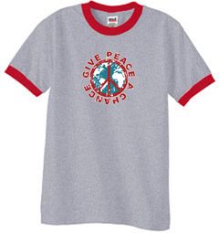 Peace Sign Ringer T-shirt - Give Peace A Chance Tee - Heather Grey/Red