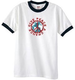Peace Sign Ringer T-shirt - Give Peace A Chance Tee - White/Black