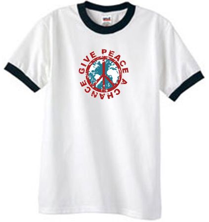 Peace Sign Ringer T-shirt - Give Peace A Chance Tee - White/Black