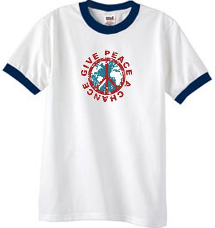 Peace Sign Ringer T-shirt - Give Peace A Chance Tee - White/Navy