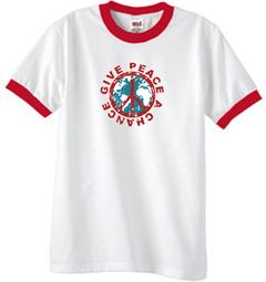 Peace Sign Ringer T-shirt - Give Peace A Chance Tee - White/Red