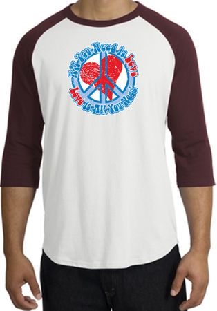 Peace Sign Shirt All You Need Is Love Raglan Shirt White/Maroon