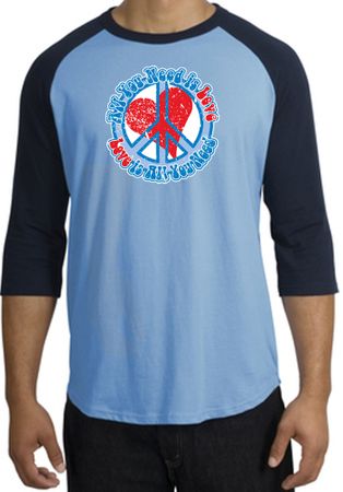 Peace Sign Shirt All You Need Is Love Raglan Tee Carolina Blue/Navy