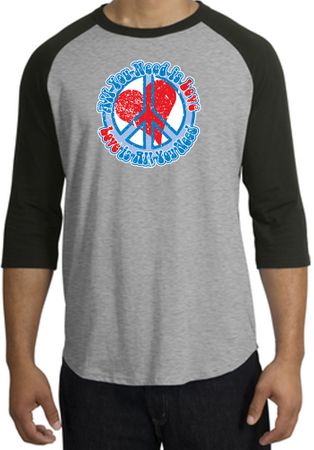 Peace Sign Shirt All You Need Is Love Raglan Tee Heather Grey/Black