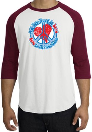 Peace Sign Shirt All You Need Is Love Raglan Tee White/Cardinal