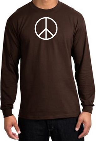 Peace Sign Shirt Basic Peace White Print Long Sleeve Shirt Brown