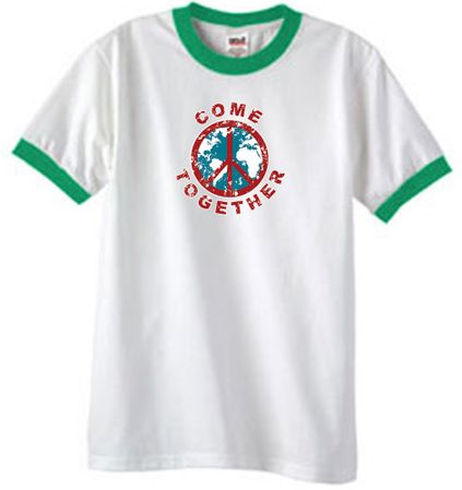 Peace Sign Shirt Come Together Ringer Shirt White/Kelly Green