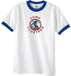 Peace Sign Shirt Come Together Ringer Shirt White/Royal Peace Sign Shirt Come Together Ringer Shirt White/Royal