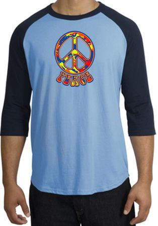 Peace Sign Shirt Funky 70s Peace Raglan Tee Carolina Blue/Navy