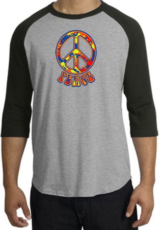 Peace Sign Shirt Funky 70s Peace Raglan Tee Heather Grey/Black