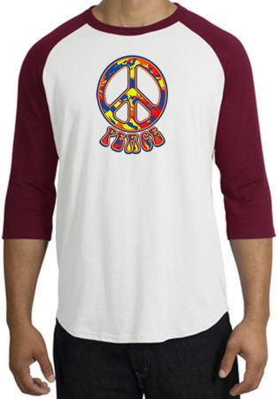 Peace Sign Shirt Funky 70s Peace Raglan Tee White/Cardinal