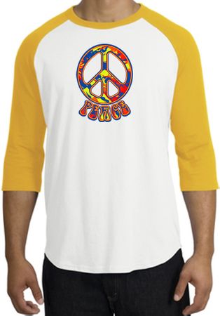 Peace Sign Shirt Funky 70s Peace Raglan Tee White/Gold
