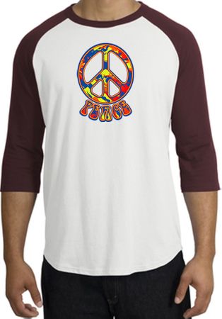 Peace Sign Shirt Funky 70s Peace Raglan Tee White/Maroon