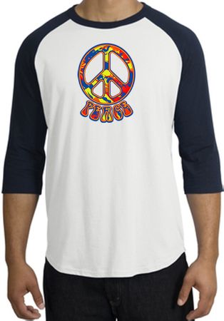Peace Sign Shirt Funky 70s Peace Raglan Tee White/Navy