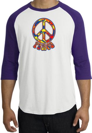 Peace Sign Shirt Funky 70s Peace Raglan Tee White/Purple