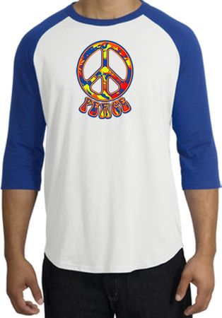 Peace Sign Shirt Funky 70s Peace Raglan Tee White/Royal
