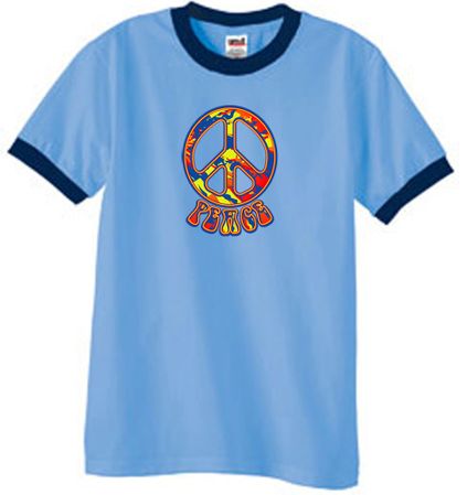 Peace Sign Shirt Funky 70s Peace Ringer Tee Carolina Blue/Navy