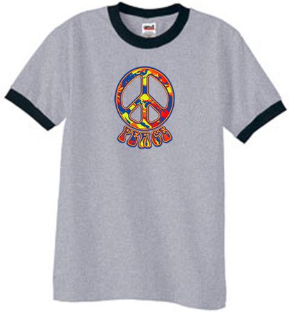 Peace Sign Shirt Funky 70s Peace Ringer Tee Heather Grey/Black