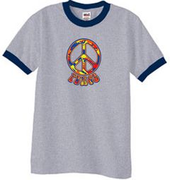 Peace Sign Shirt Funky 70s Peace Ringer Tee Heather Grey/Navy