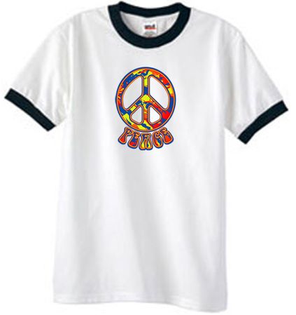 Peace Sign Shirt Funky 70s Peace Ringer Tee White/Black