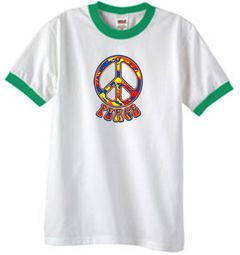 Peace Sign Shirt Funky 70s Peace Ringer Tee White/Kelly Green