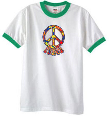 Peace Sign Shirt Funky 70s Peace Ringer Tee White/Kelly Green