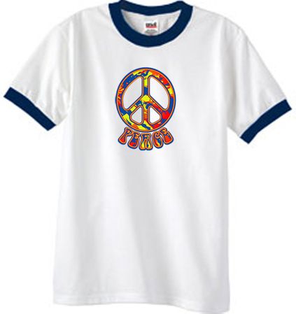 Peace Sign Shirt Funky 70s Peace Ringer Tee White/Navy