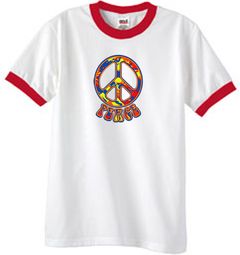 Peace Sign Shirt Funky 70s Peace Ringer Tee White/Red