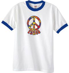 Peace Sign Shirt Funky 70s Peace Ringer Tee White/Royal