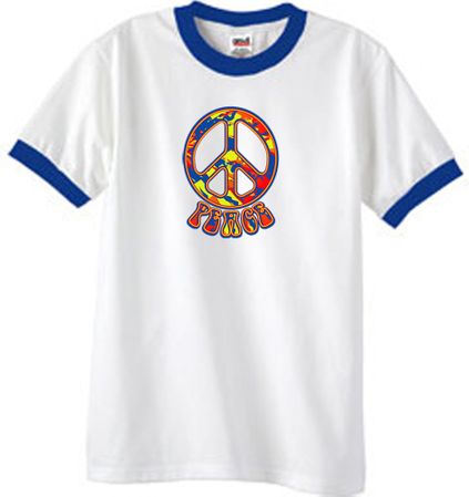 Peace Sign Shirt Funky 70s Peace Ringer Tee White/Royal