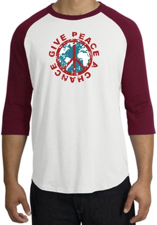 Peace Sign Shirt Give Peace A Chance Raglan T-Shirt White/Cardinal