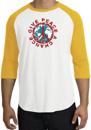 Peace Sign Shirt Give Peace A Chance Raglan T-Shirt White/Gold