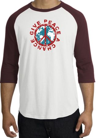 Peace Sign Shirt Give Peace A Chance Raglan T-Shirt White/Maroon