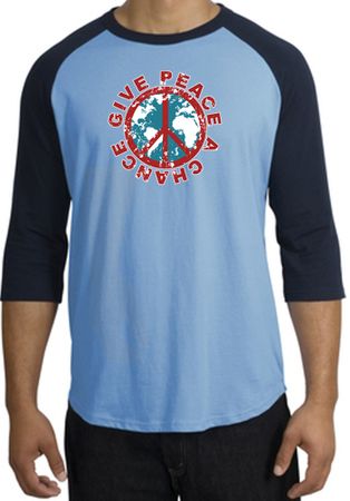 Peace Sign Shirt Give Peace A Chance Raglan Tee Carolina Blue/Navy