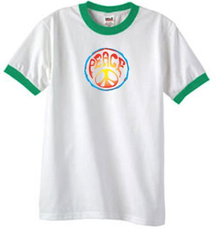 Peace Sign Shirt Psychedelic Peace Ringer Shirt White/Kelly Green