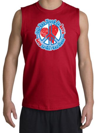 Peace Sign Shooter T-shirt - All You Need Is Love Adult Cut Off - Red