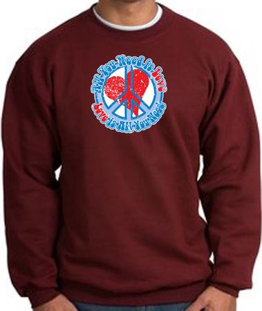 Peace Sign Sweatshirt - All You Need Is Love - Maroon