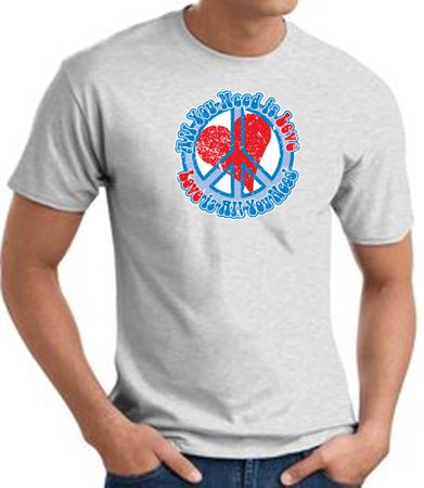 Peace Sign T-shirt - All You Need Is Love Adult Tee - Ash
