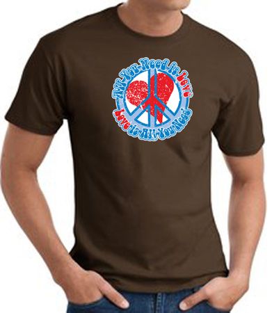 Peace Sign T-shirt - All You Need Is Love Adult Tee - Brown