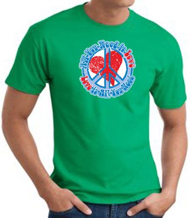 Peace Sign T-shirt - All You Need Is Love Adult Tee - Kelly Green