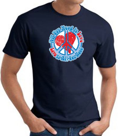 Peace Sign T-shirt - All You Need Is Love Adult Tee - Navy
