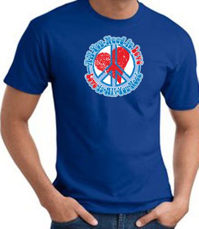 Peace Sign T-shirt - All You Need Is Love Adult Tee - Royal