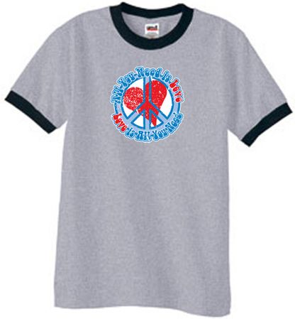 Peace Sign T-shirt All You Need Is Love Ringer Tee Heather Grey/Black