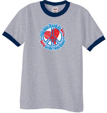 Peace Sign T-shirt All You Need Is Love Ringer Tee Heather Grey/Navy