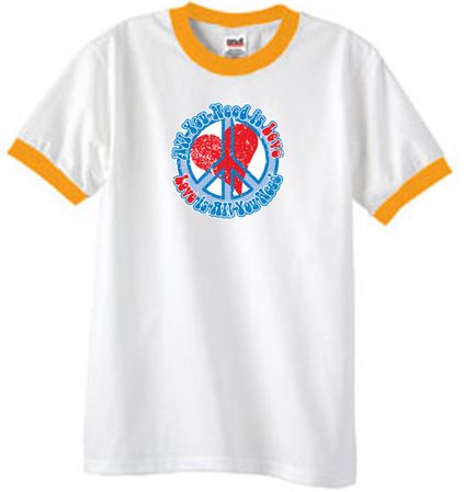 Peace Sign T-shirt All You Need Is Love Ringer Tee White/Gold