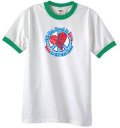 Peace Sign T-shirt All You Need Is Love Ringer Tee White/Kelly Green Peace Sign T-shirt All You Need Is Love Ringer Tee White/Kelly Green