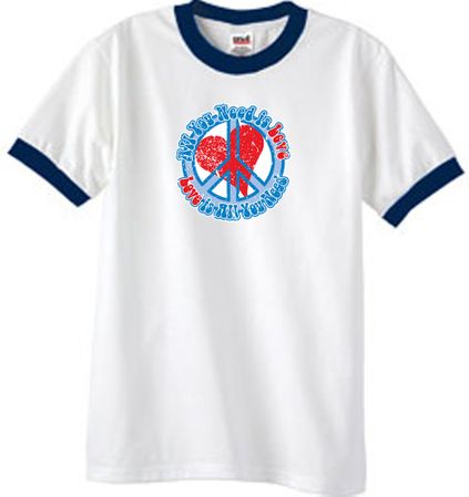 Peace Sign T-shirt All You Need Is Love Ringer Tee White/Navy