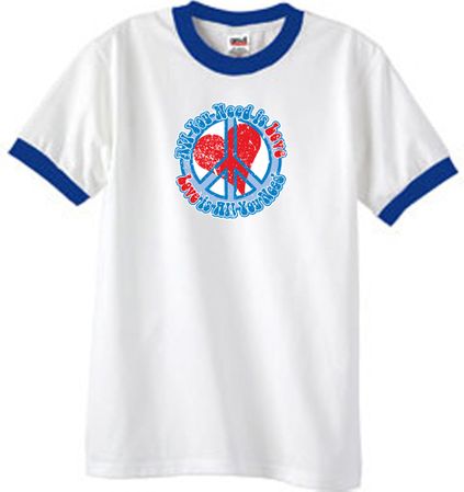 Peace Sign T-shirt All You Need Is Love Ringer Tee White/Royal