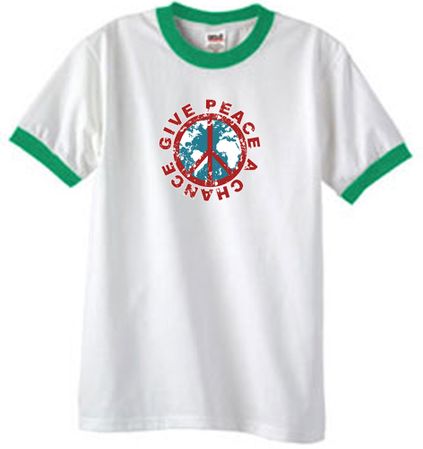 Peace Sign T-shirt Give Peace A Chance Ringer Tee White/Kelly Green