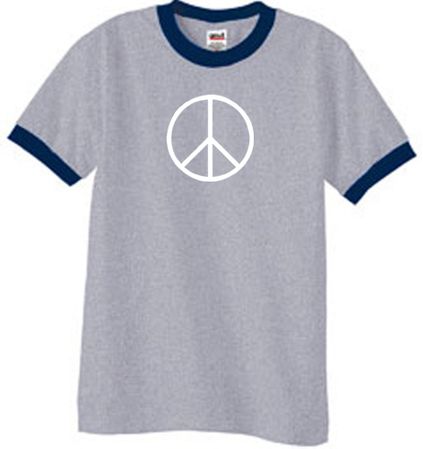 Peace Sign Tee Basic Peace White Print Ringer Shirt Heather Grey/Navy